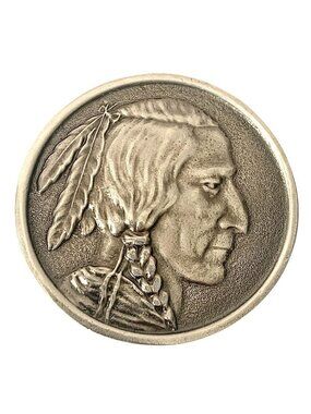 Vintage Native American Profile Pewter Belt Buckle With Feather Detailing